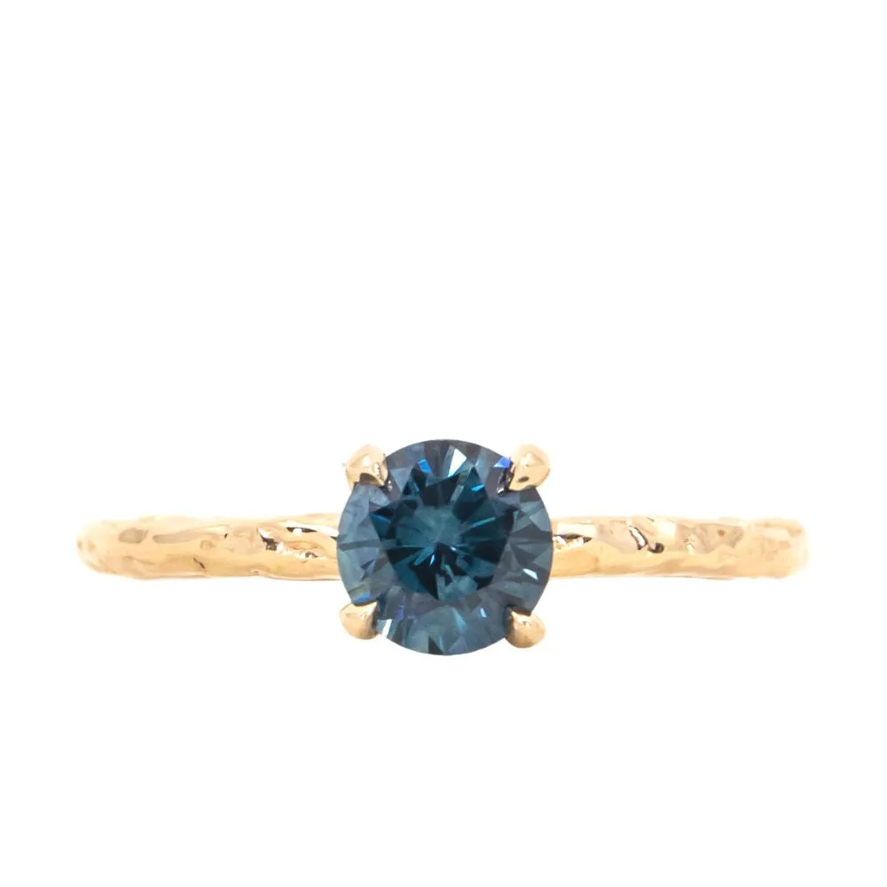 0.93ct Round Montana Sapphire Evergreen Carved Solitaire Ring in 14k Yellow Gold