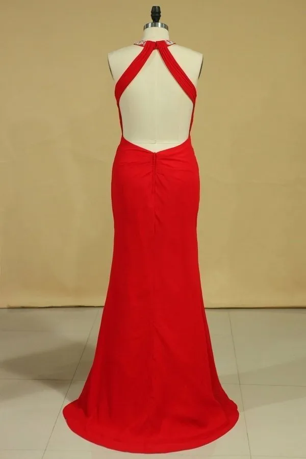 2024 Red Plus Size Scoop Prom Dresses Floor Length Spandex With Beading PK31SDMD