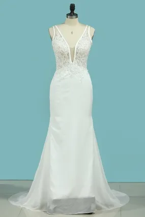 2024 Wedding Dresses Mermaid V Neck Chiffon With Applique PMRHHHHK