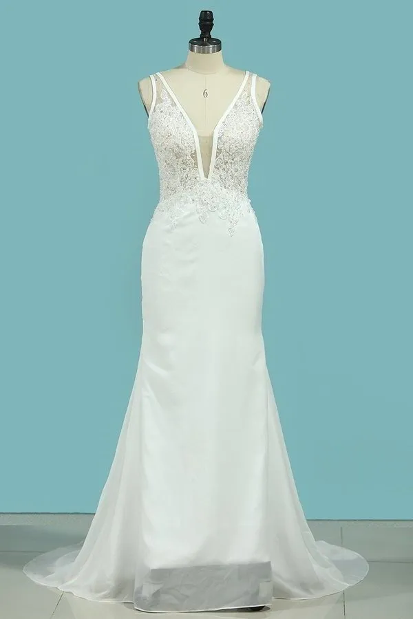 2024 Wedding Dresses Mermaid V Neck Chiffon With Applique PMRHHHHK