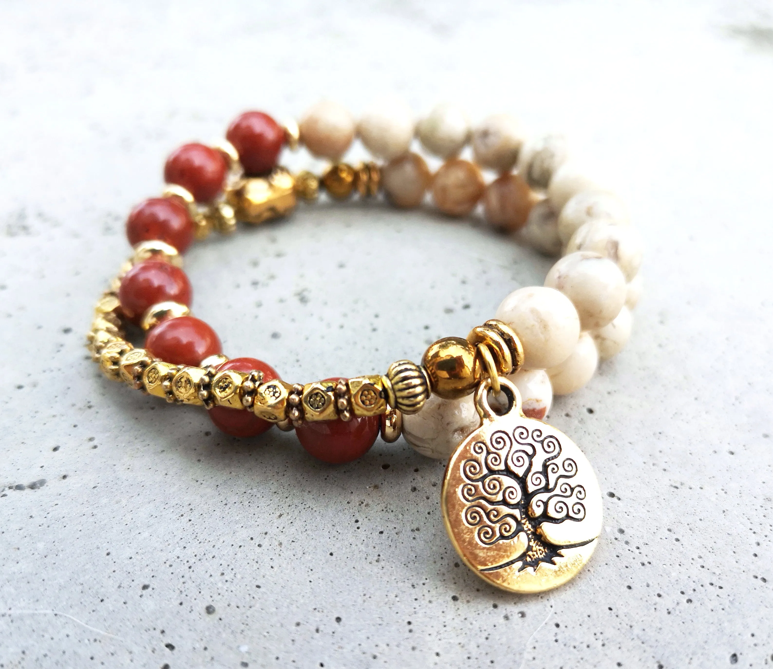 27 Bead Mala Bracelet in Red Jasper, African Opal, Tree of Life Gold Charm