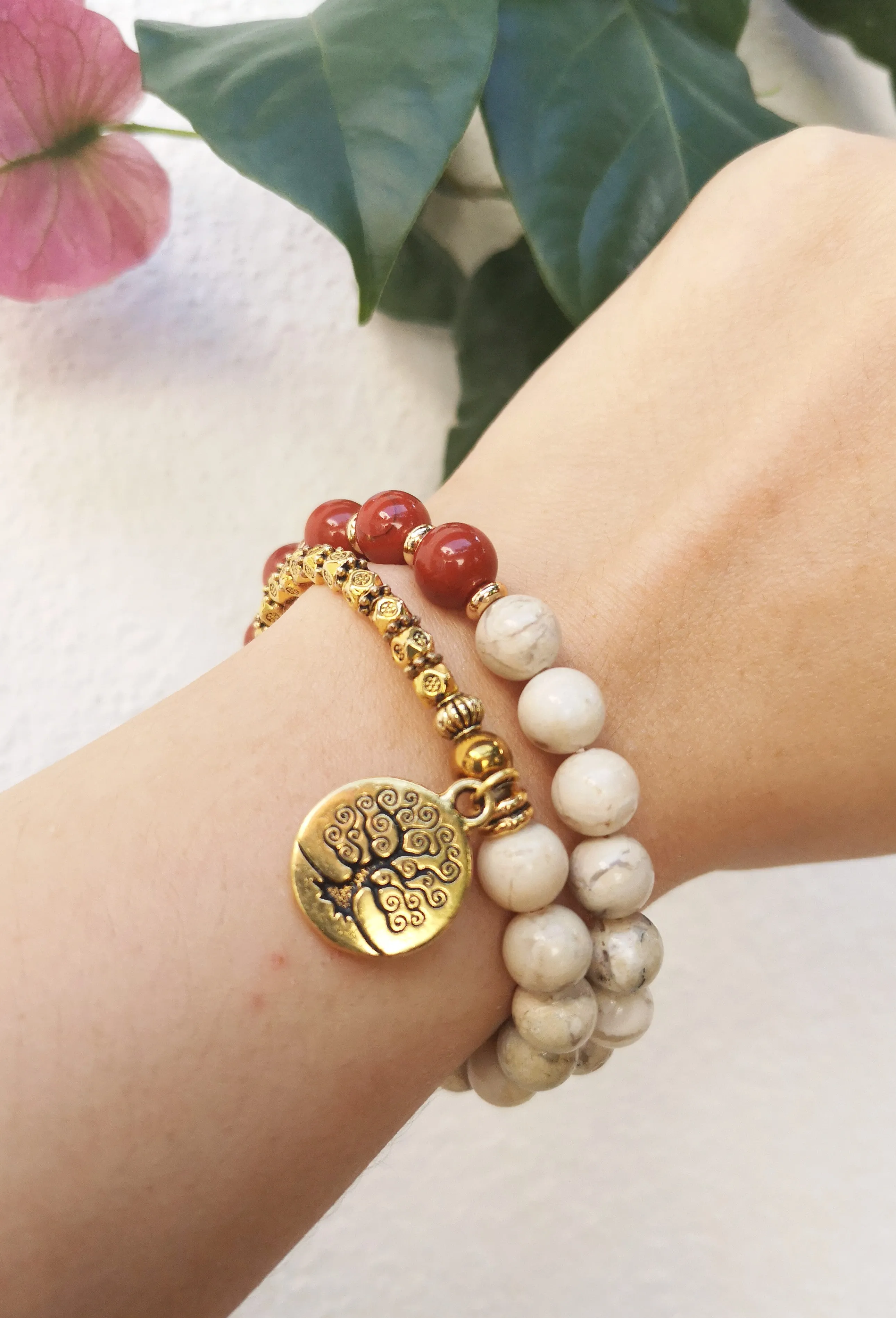 27 Bead Mala Bracelet in Red Jasper, African Opal, Tree of Life Gold Charm