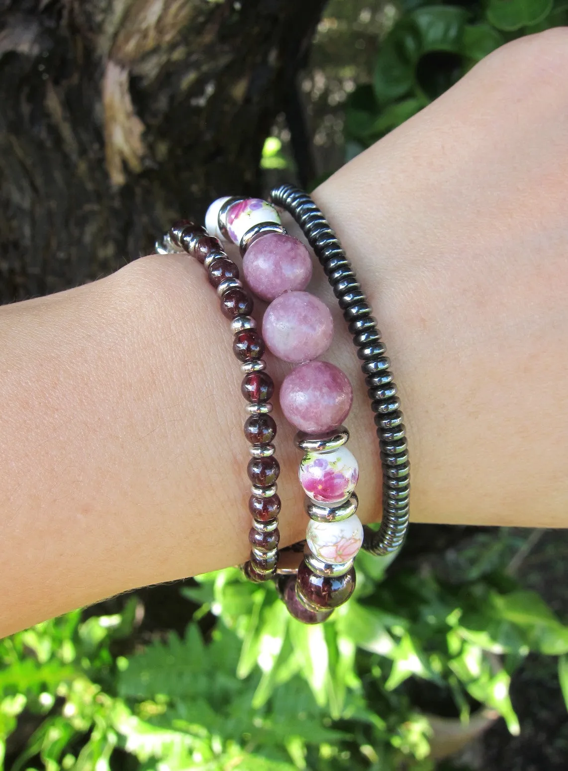 27 Bead Mala Bracelet in Red Wine Garnet   Watermelon Tourmaline w/ Yoga Meditation Charm