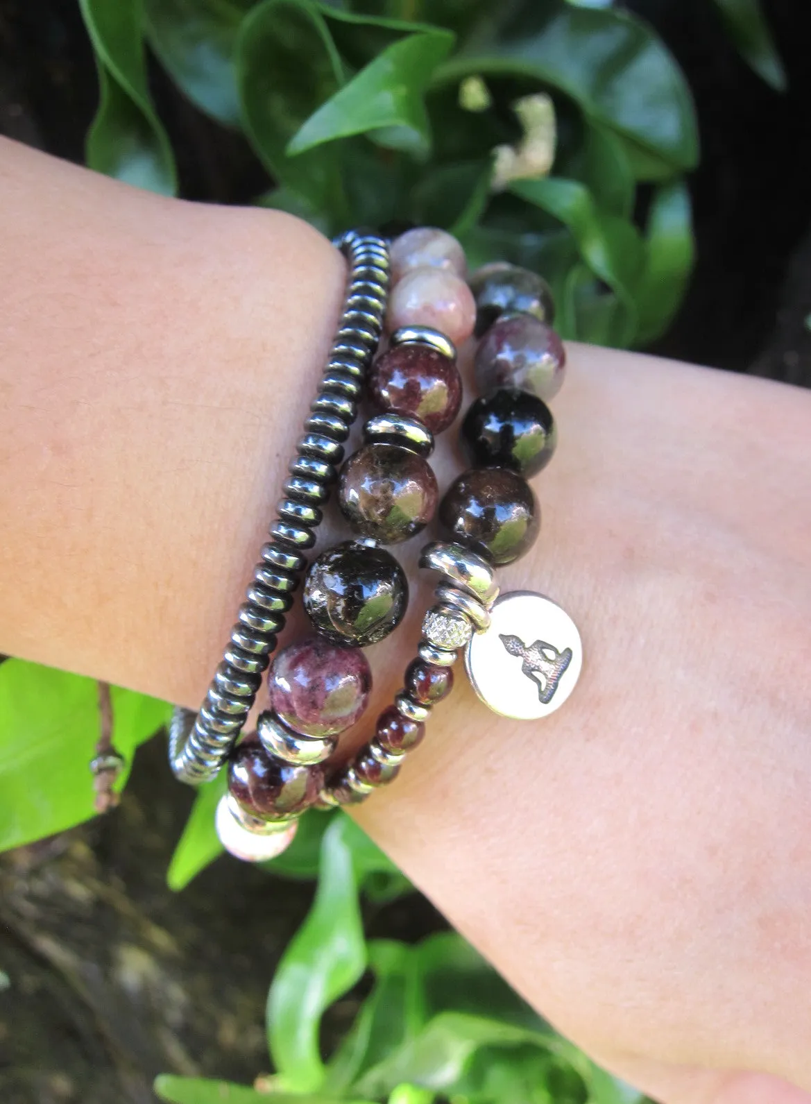 27 Bead Mala Bracelet in Red Wine Garnet   Watermelon Tourmaline w/ Yoga Meditation Charm