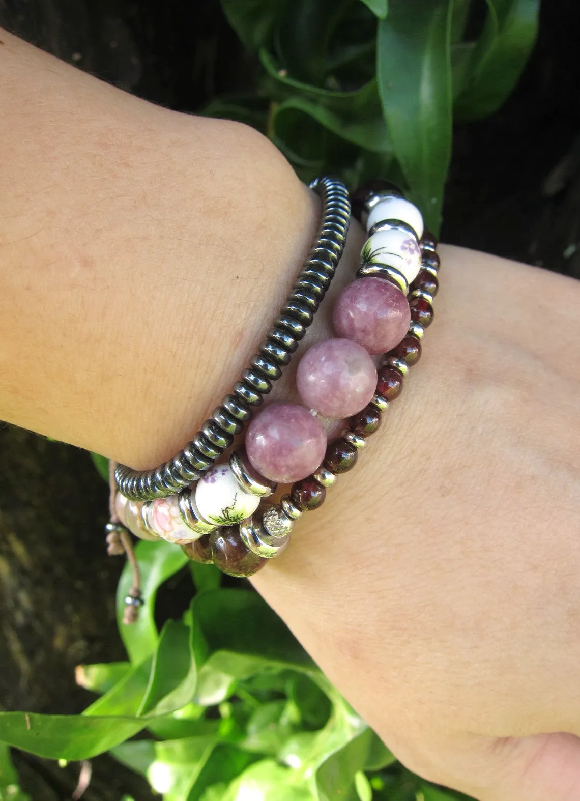 27 Bead Mala Bracelet in Red Wine Garnet   Watermelon Tourmaline w/ Yoga Meditation Charm