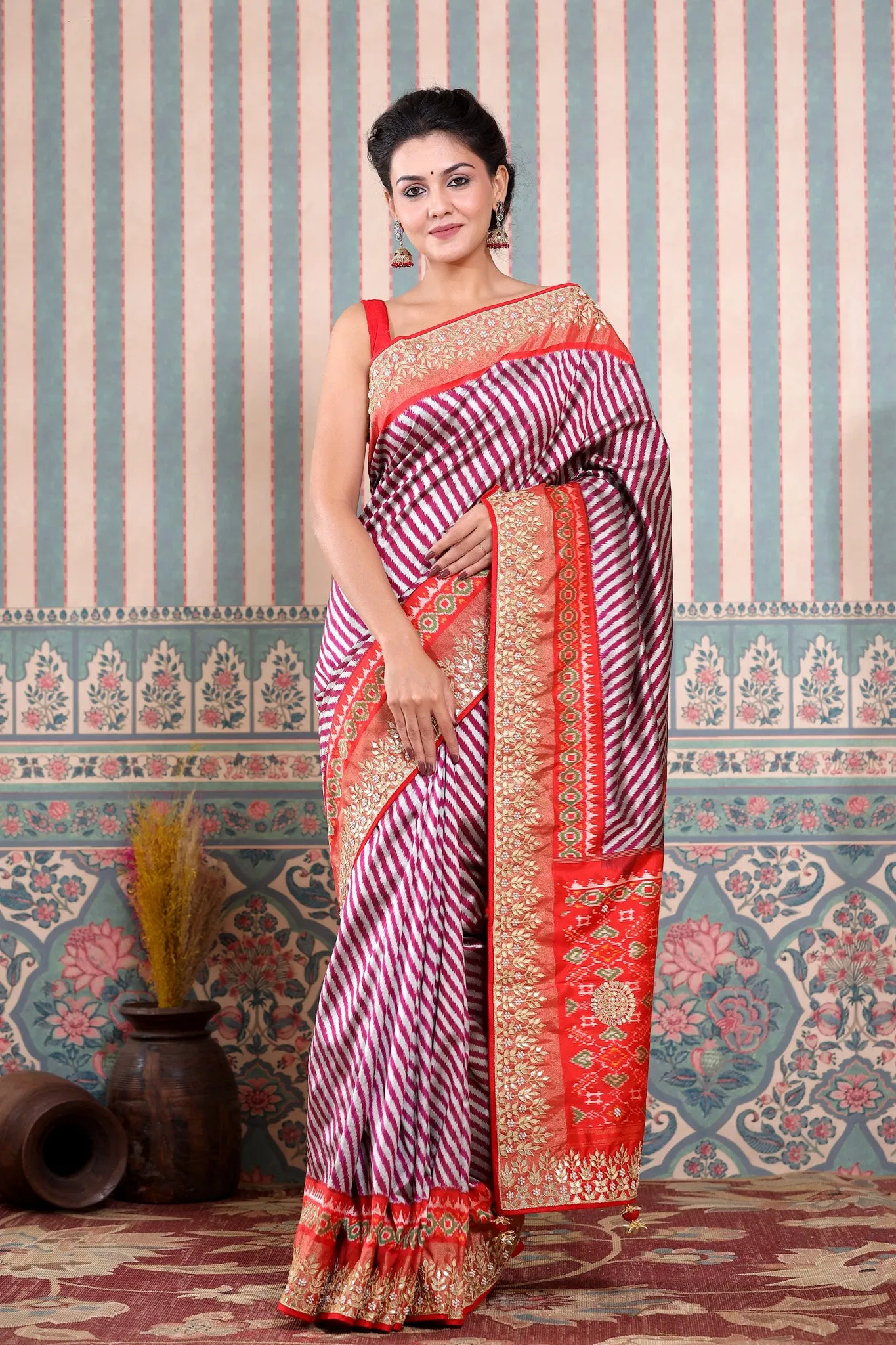 90Z598-RO Maroon and Silver Patola Silk Sari with Embroidered Border