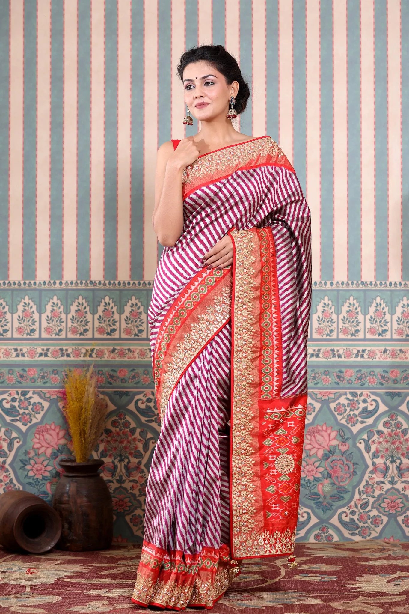 90Z598-RO Maroon and Silver Patola Silk Sari with Embroidered Border