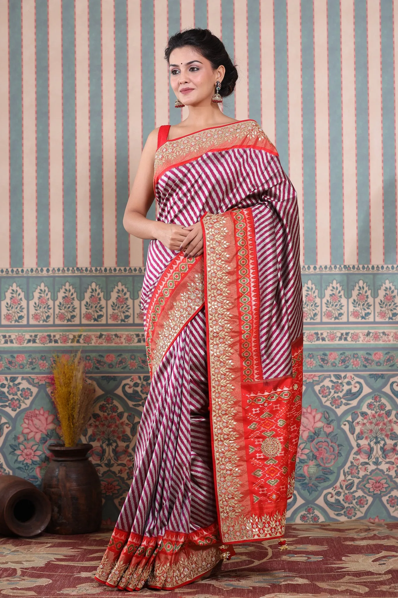 90Z598-RO Maroon and Silver Patola Silk Sari with Embroidered Border