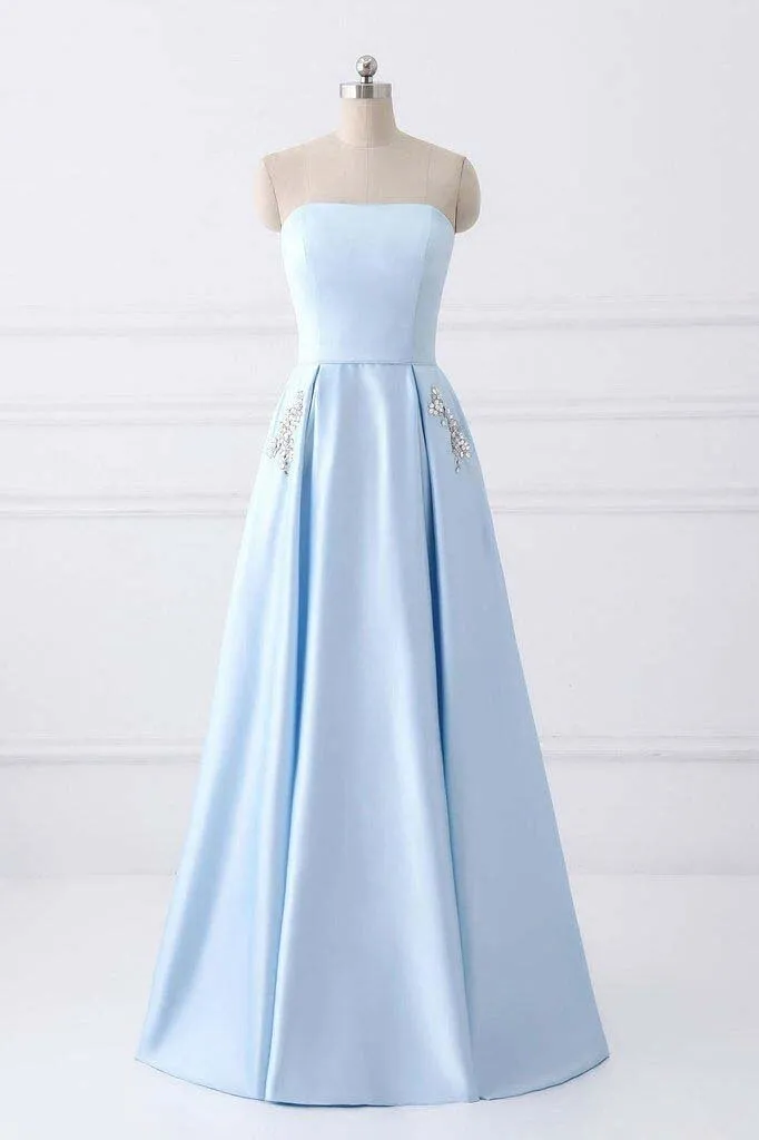 A-Line Blue Simple Satin Strapless Beaded Pockets Lace Up Back Long Sleeveless Prom Dresses