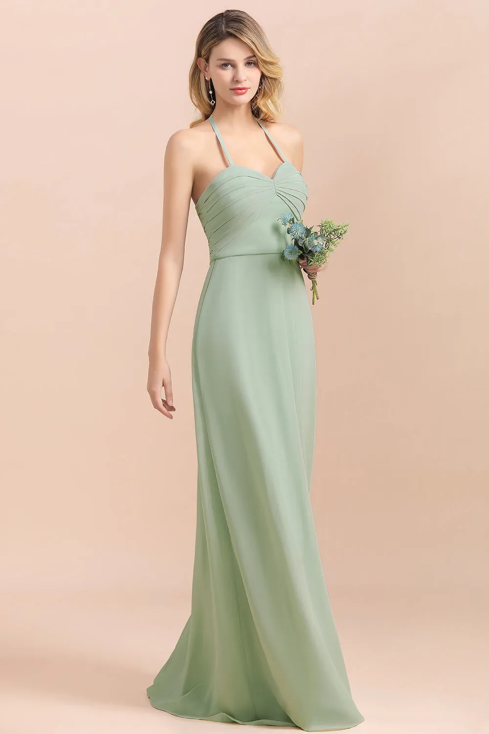 A-Line Halter Sweetheart Chiffon Sage Bridesmaid Dress Chic Long Wedding Guest Dress