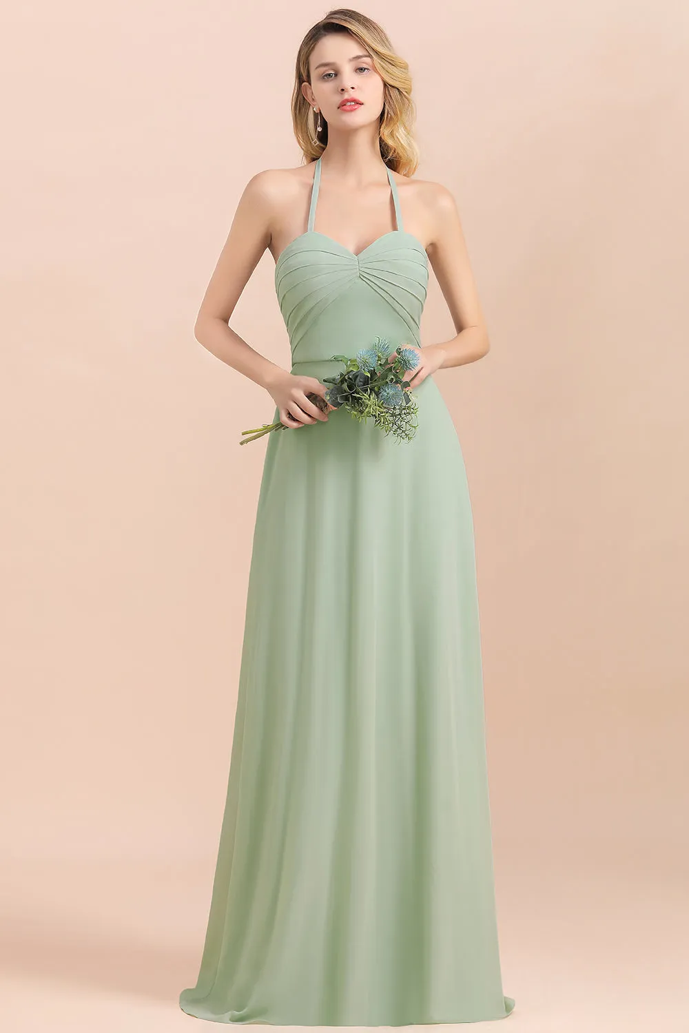 A-Line Halter Sweetheart Chiffon Sage Bridesmaid Dress Chic Long Wedding Guest Dress