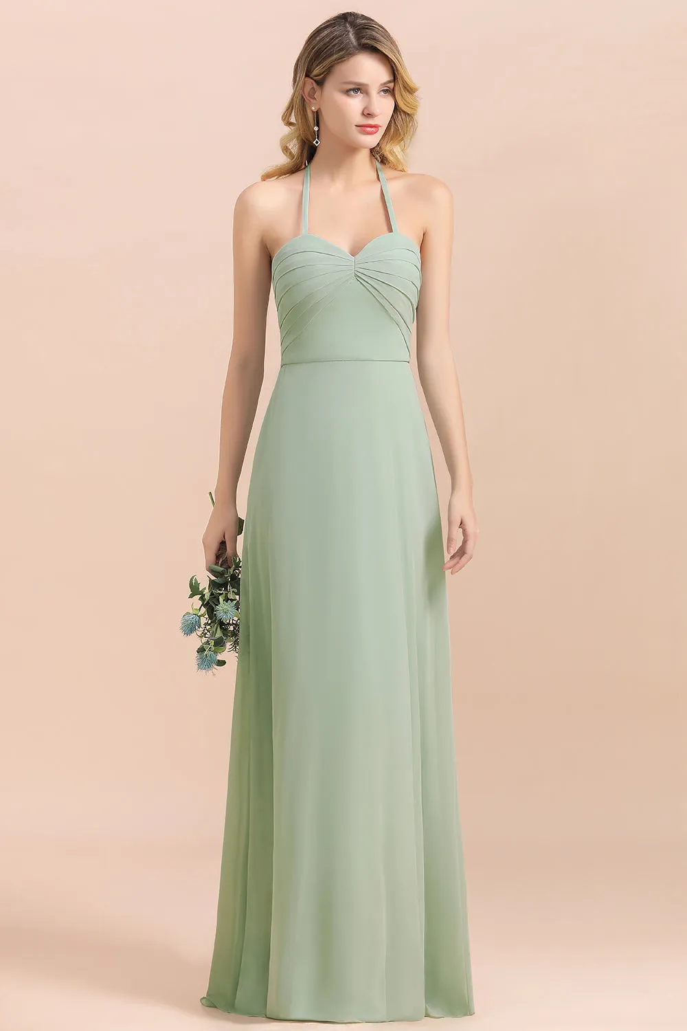 A-Line Halter Sweetheart Chiffon Sage Bridesmaid Dress Chic Long Wedding Guest Dress