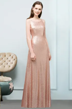 A-line Sequined Scoop Sleeveless Long Bridesmaid Dresses