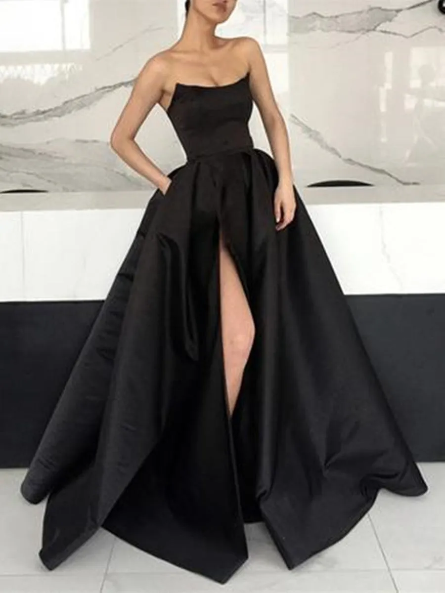 A Line Strapless High Slit Burgundy/Pink/Black Prom Dresses, High Slit Formal Dresses, Graduation Dresses