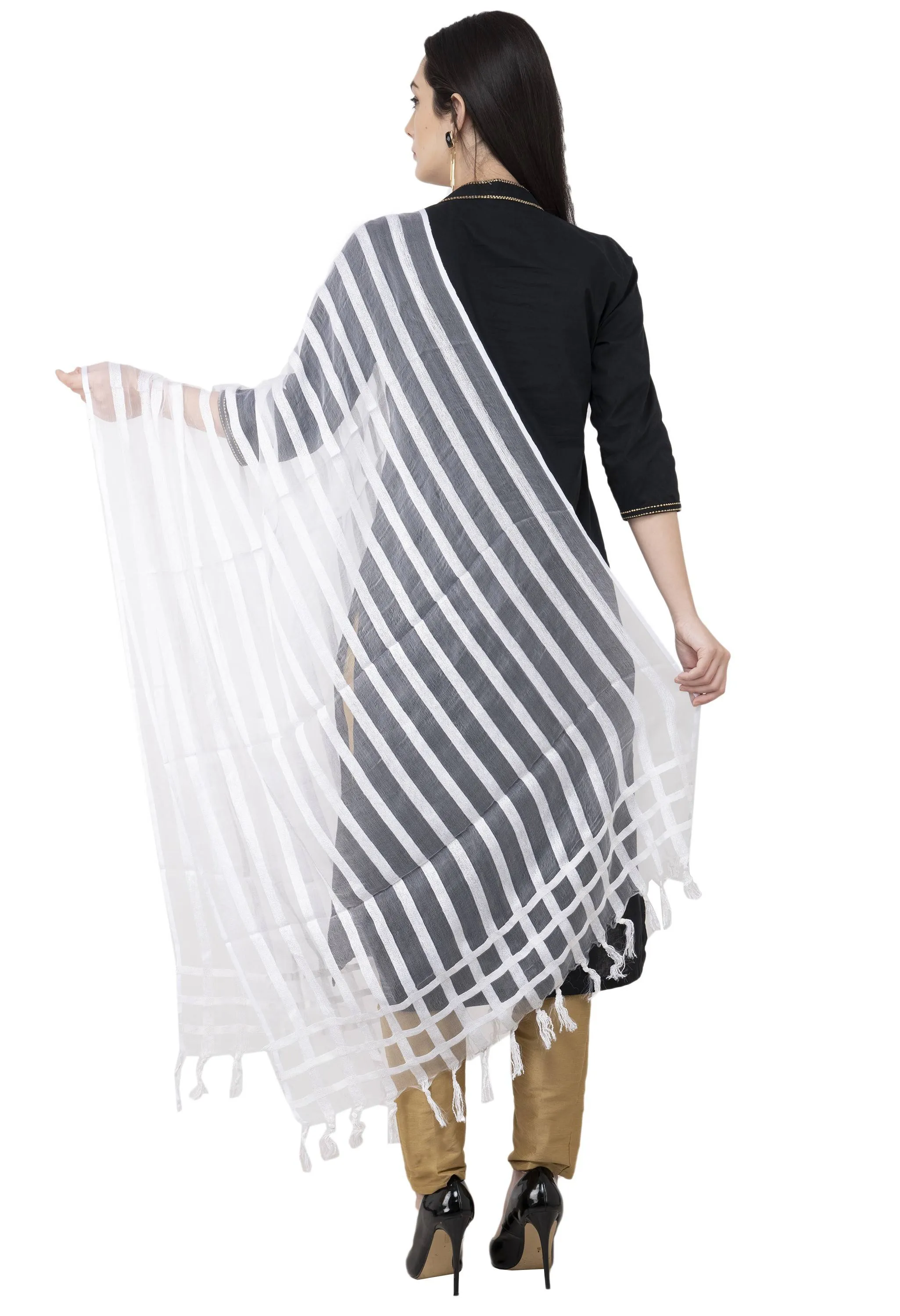 A R SILK Moti Luv Luv Stripe Regular Dupatta White Color Dupatta or Chunni