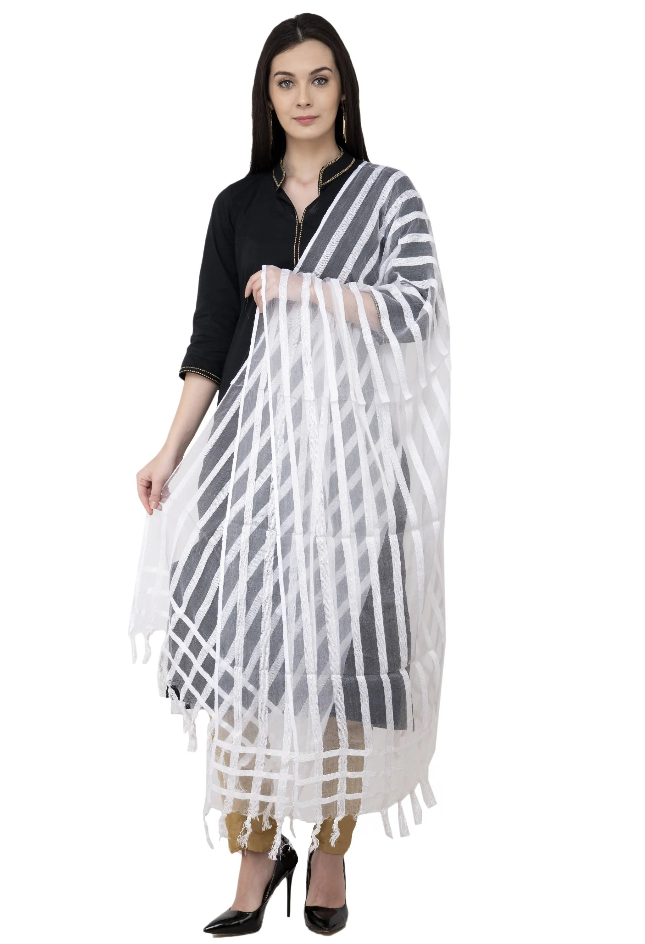 A R SILK Moti Luv Luv Stripe Regular Dupatta White Color Dupatta or Chunni