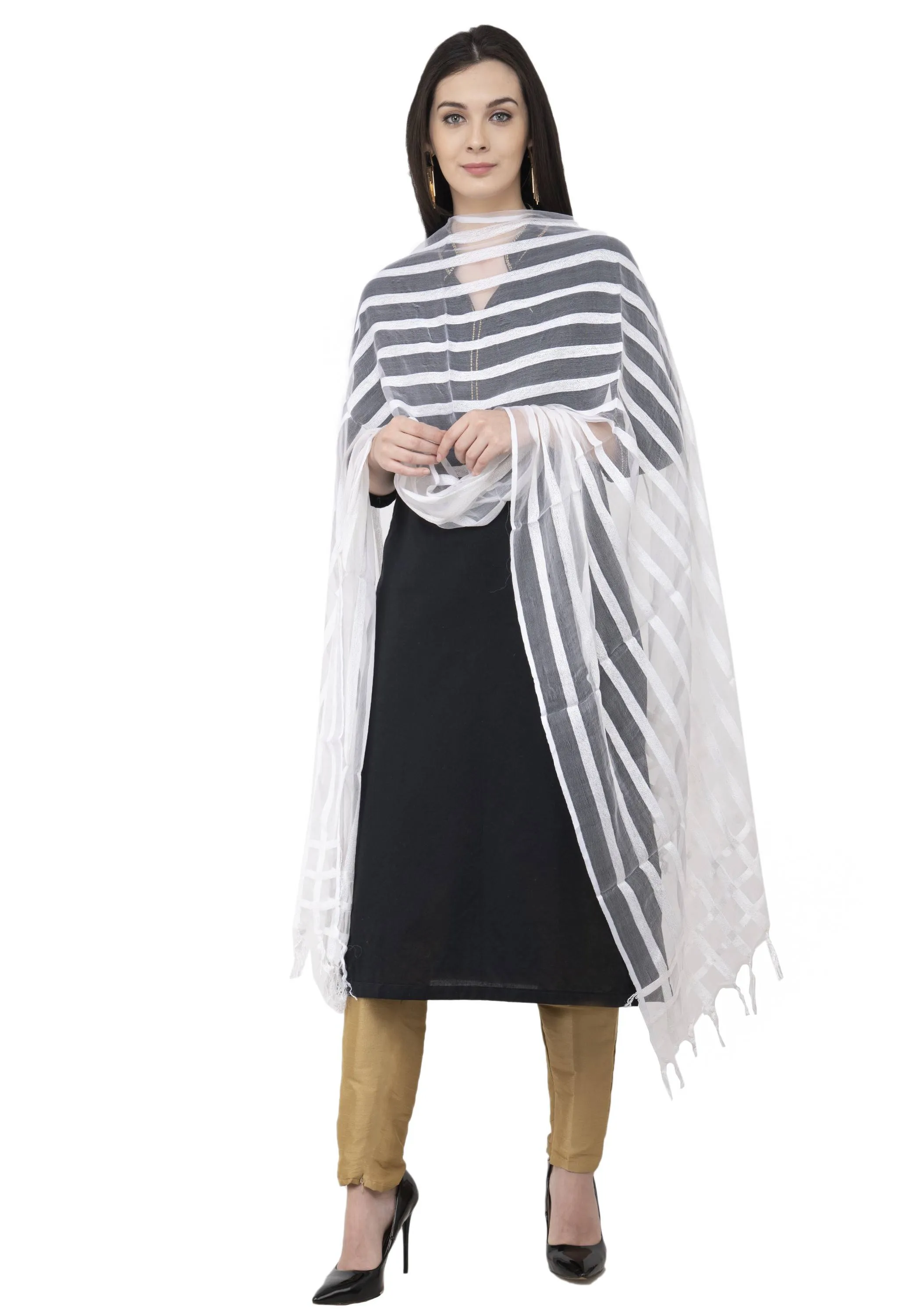 A R SILK Moti Luv Luv Stripe Regular Dupatta White Color Dupatta or Chunni