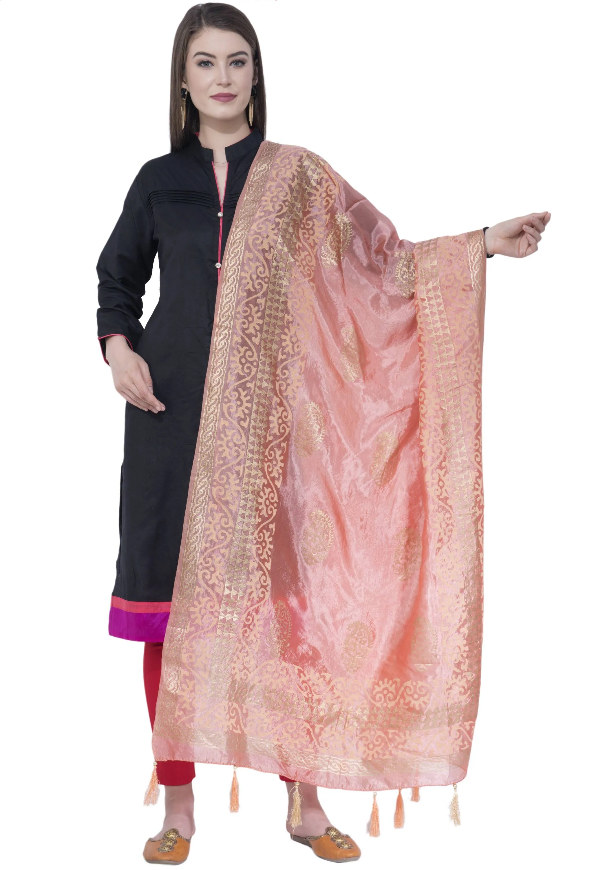 A R SILK Peach Color Silk Pahadi Print Dupattas and Chunnis