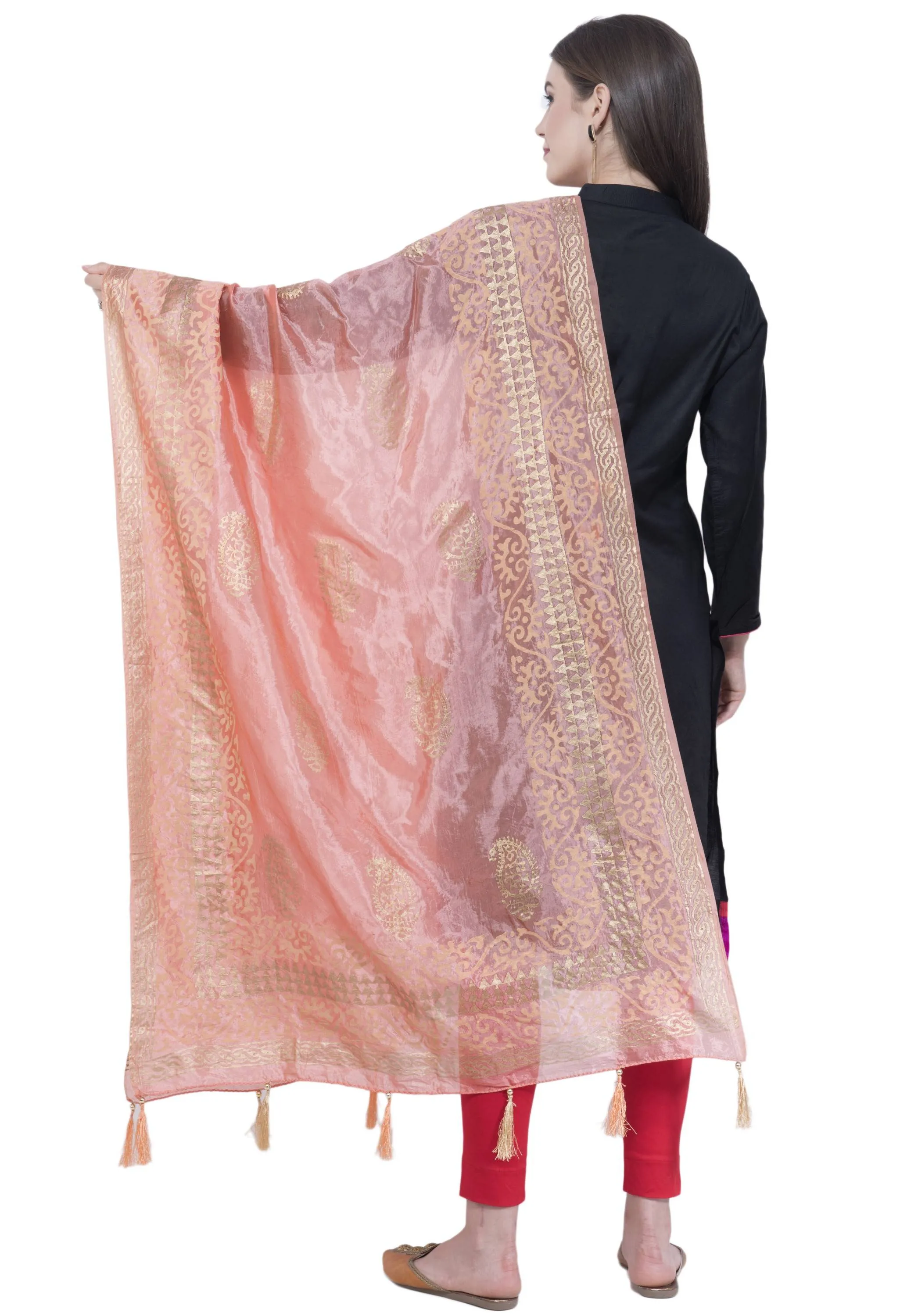 A R SILK Peach Color Silk Pahadi Print Dupattas and Chunnis