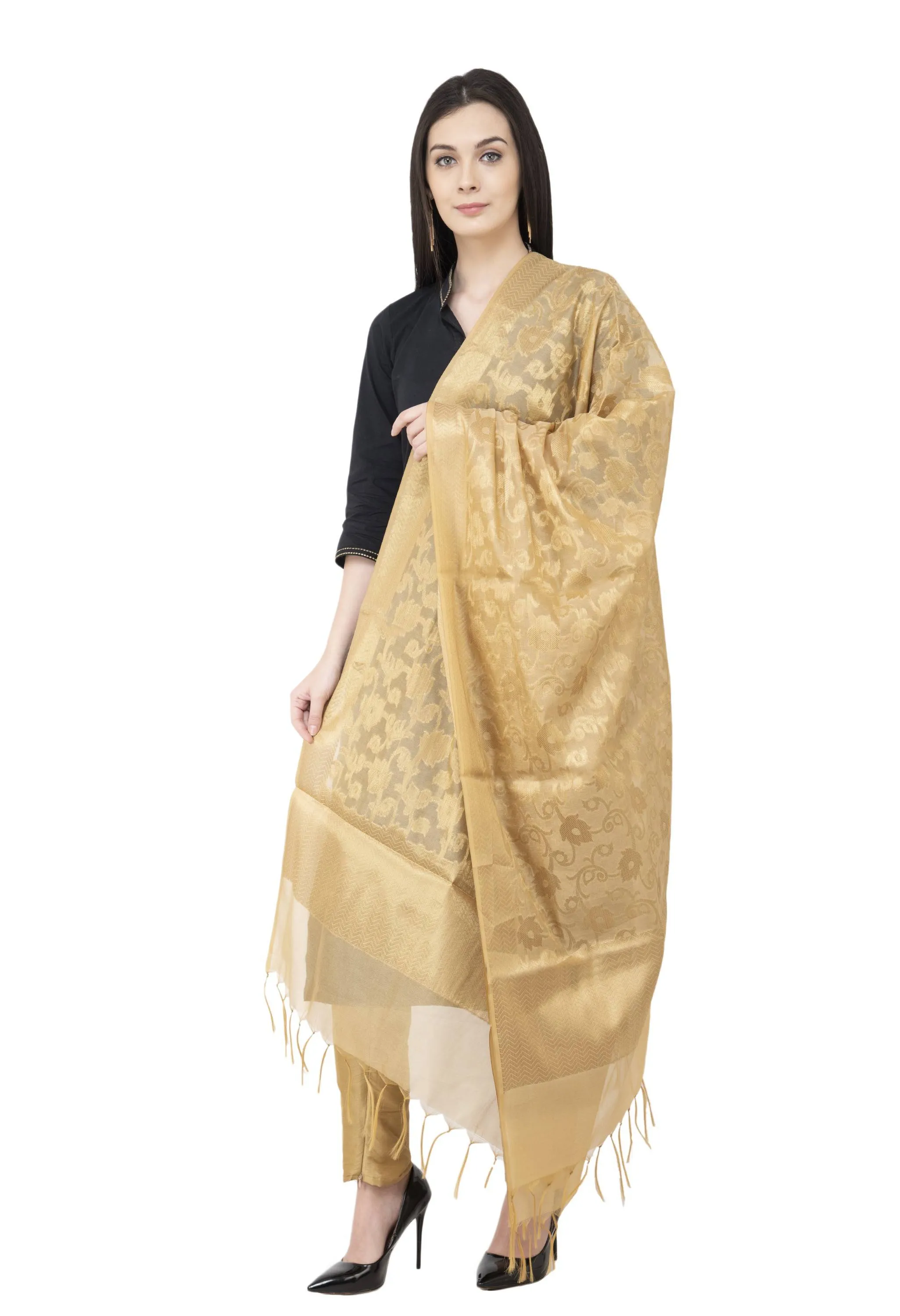 A R SILK VNS Jaal Fancy Dupatta Golden Color Dupatta or Chunni