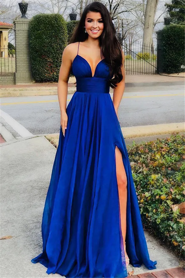 Affordable Royal Blue Long A-line Spaghetti Straps Prom Dress with Slit