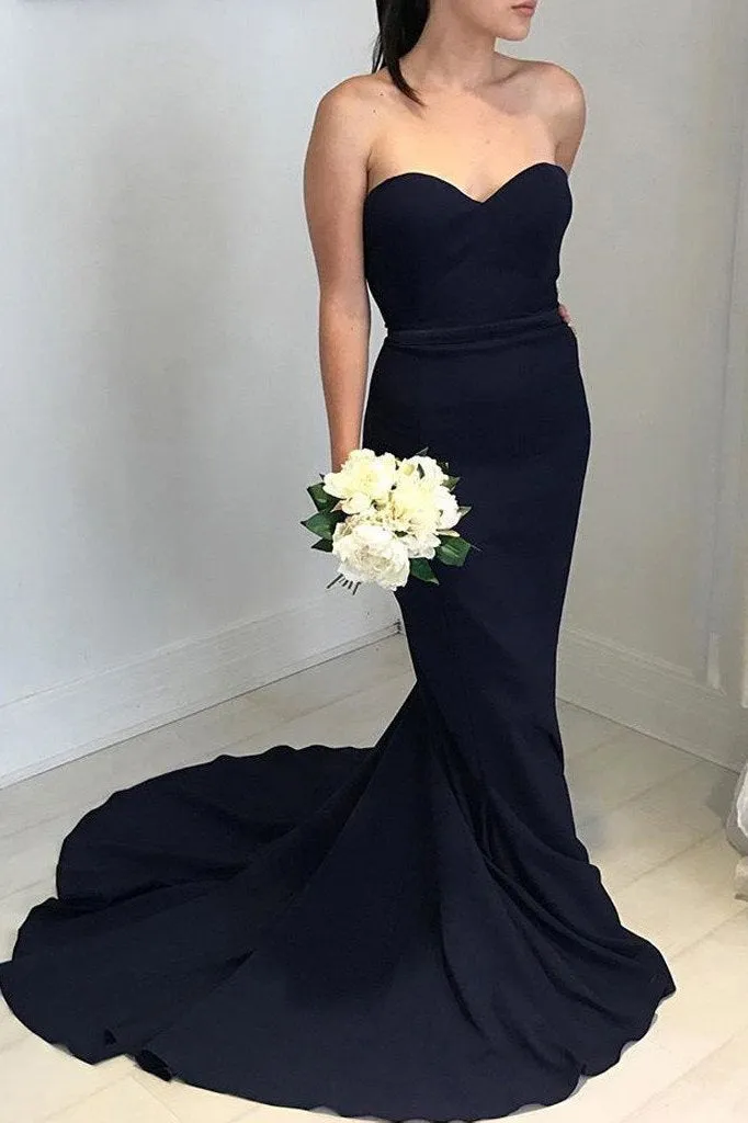 Affordable Strapless Black Sweetheart Elegant Mermaid Long Open Back Bridesmaid Dress