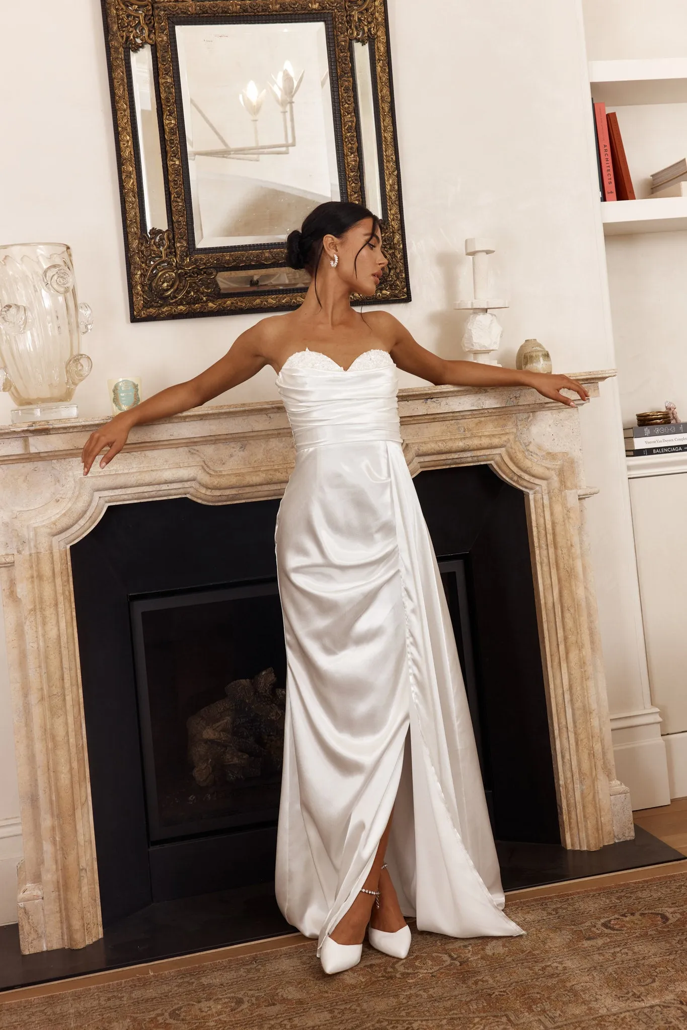 Ahava Sweetheart Applique Satin Maxi Dress White