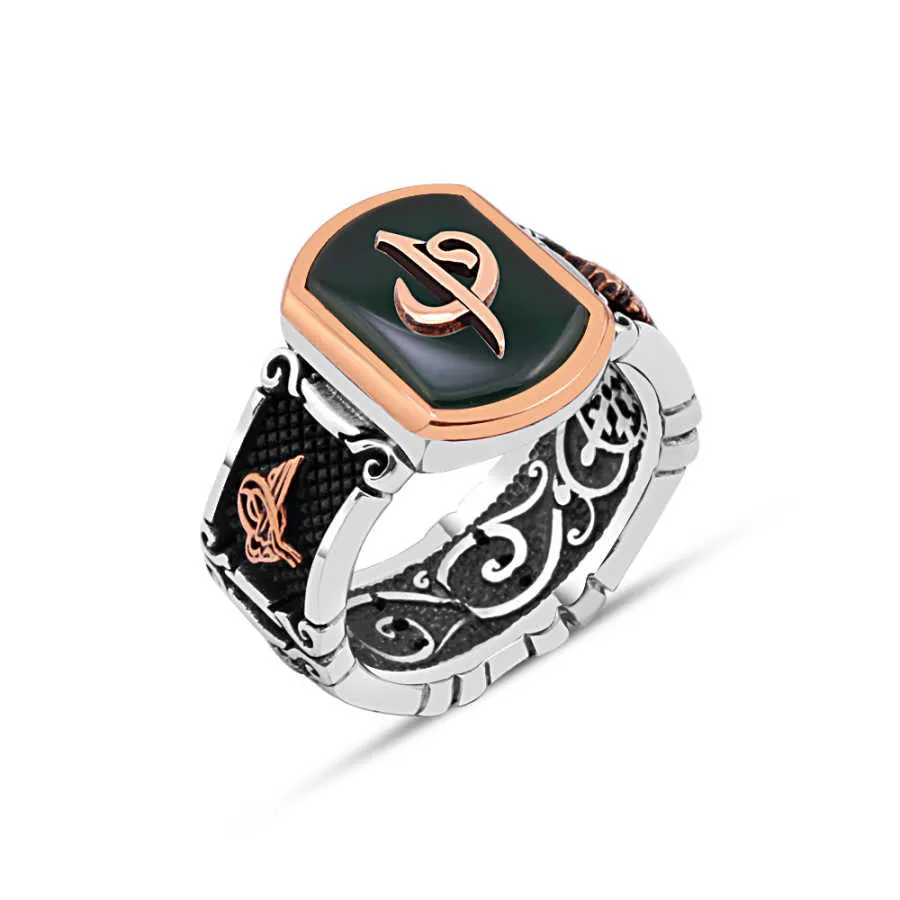 Alif and Vav Letters on Green Stadium Shape Agate Stone Silver Men's Ring Siding Ottoman Tughra