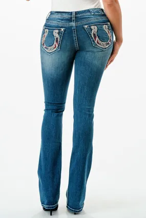 Americana Horse Shoe Embellishment Mid Rise Bootcut Jeans