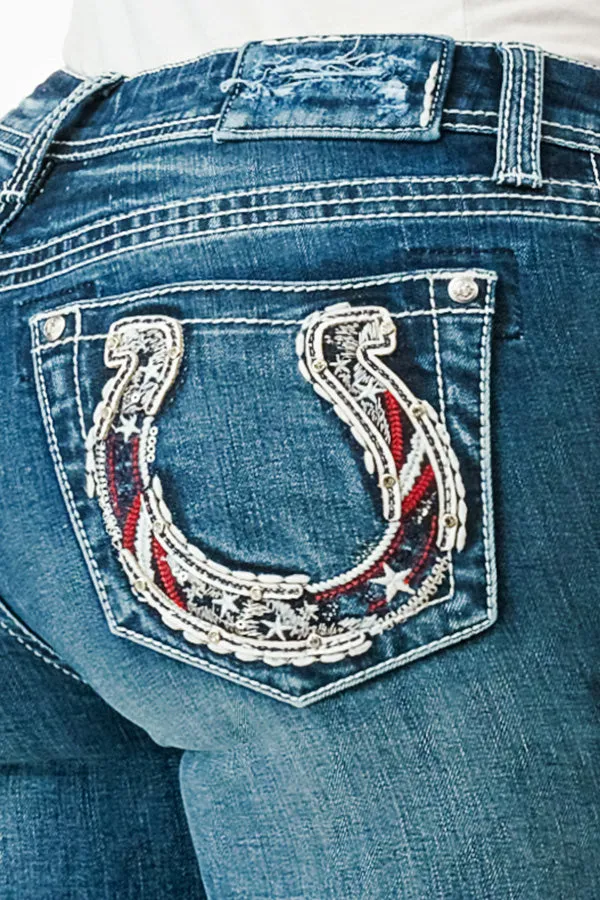 Americana Horse Shoe Embellishment Mid Rise Bootcut Jeans