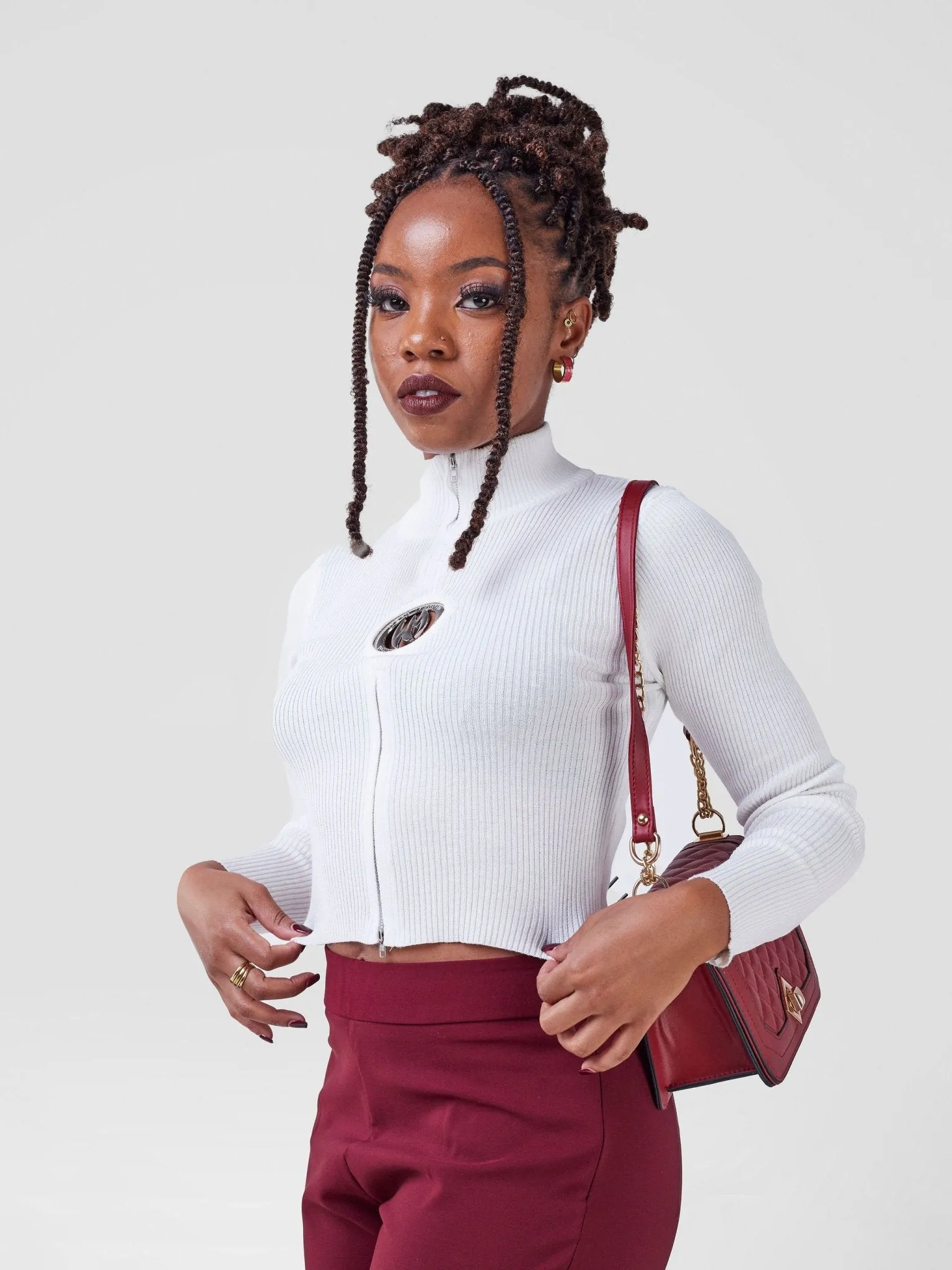 Anika High Neck Knitted Zipper Top - White