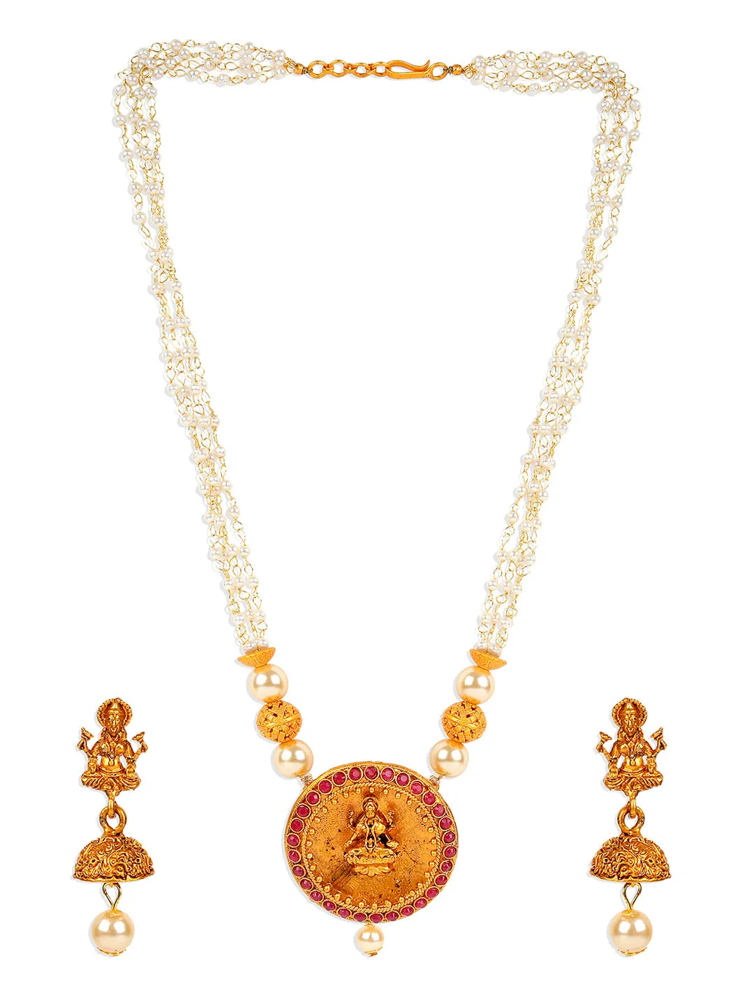 Antique Matte Gold Finish Goddess Laxmi Maroon Stone Studded Temple Jewellery Set - Anikas Creation