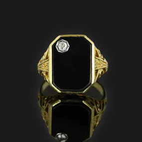 Art Deco 14K Gold Filigree Onyx Diamond Ring