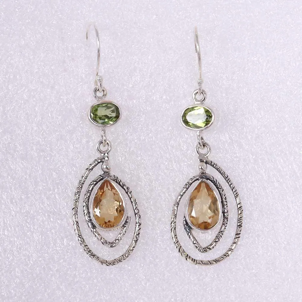 Artisans Unique Design Sterling Silver Dangle Earring With Citrine And Peridot Gemstone