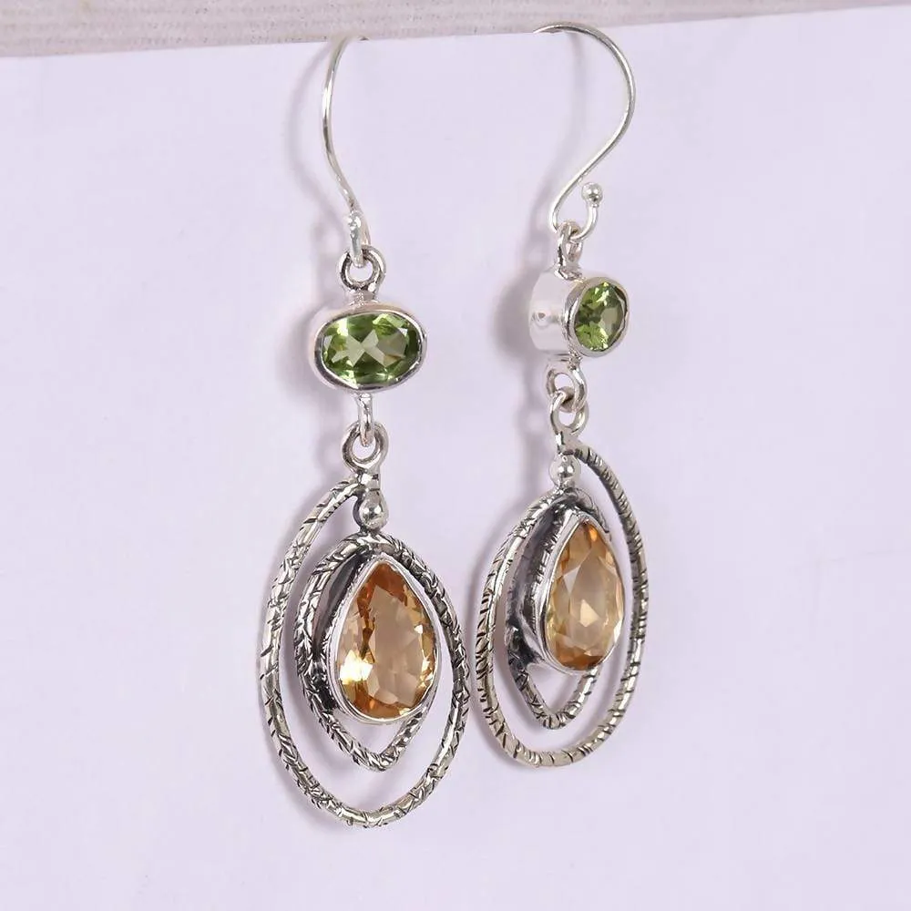 Artisans Unique Design Sterling Silver Dangle Earring With Citrine And Peridot Gemstone