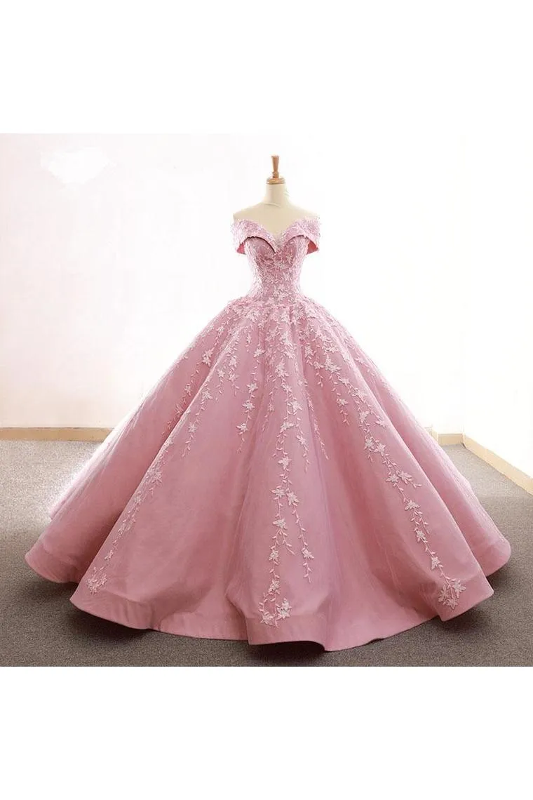 Ball Gown Off The Shoulder Satin Prom Dress With Appliques Long Quinceanera STKPDJZ6JB1