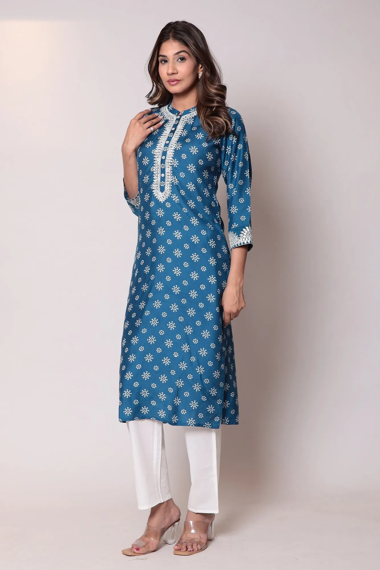 Bandhej Chanderi Straight Kurta with Thread work.