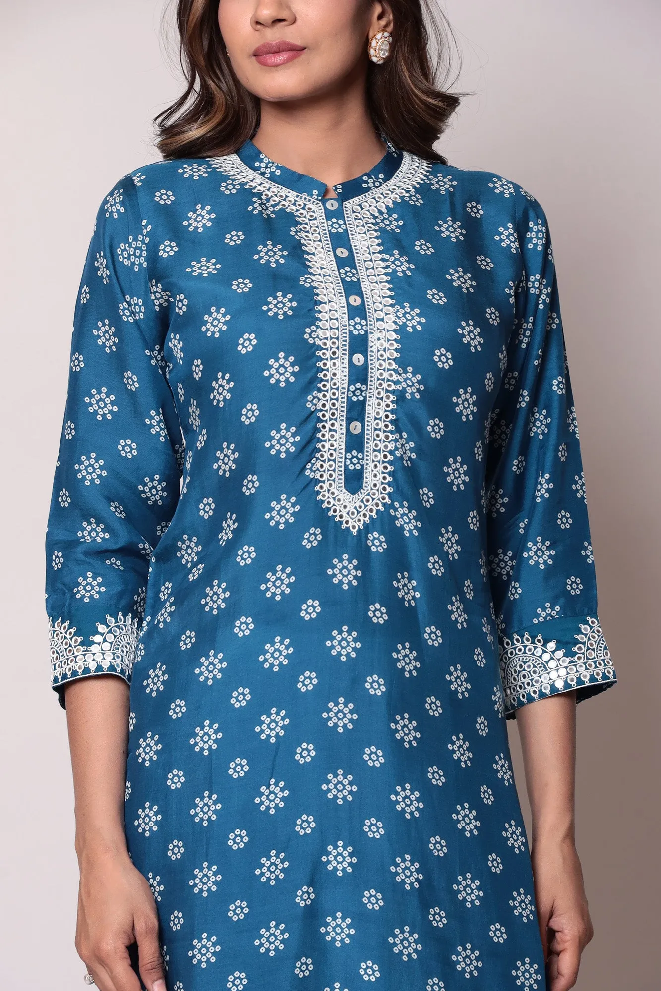 Bandhej Chanderi Straight Kurta with Thread work.