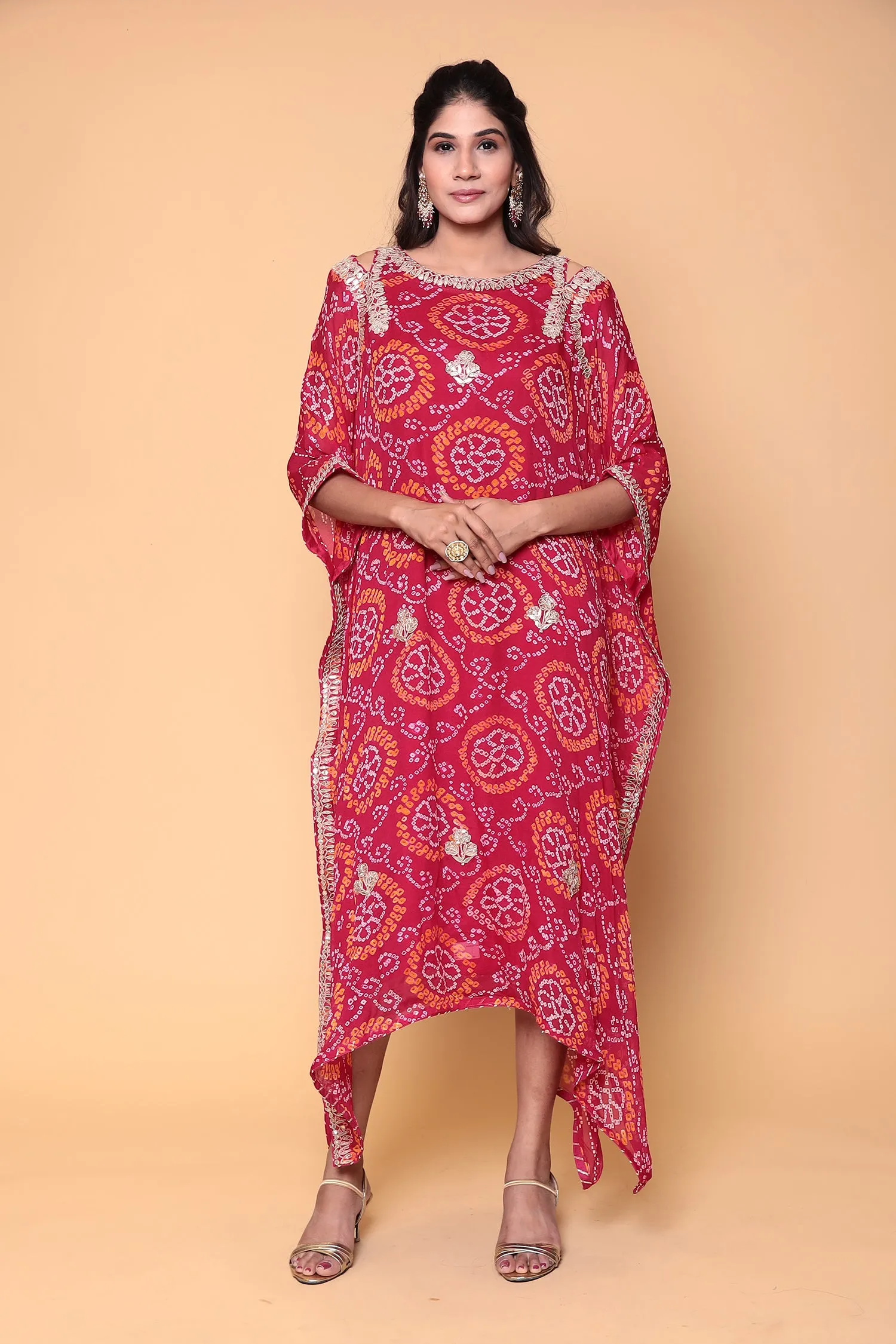 Bandhej Georgette Kaftan with Gota Patti work.