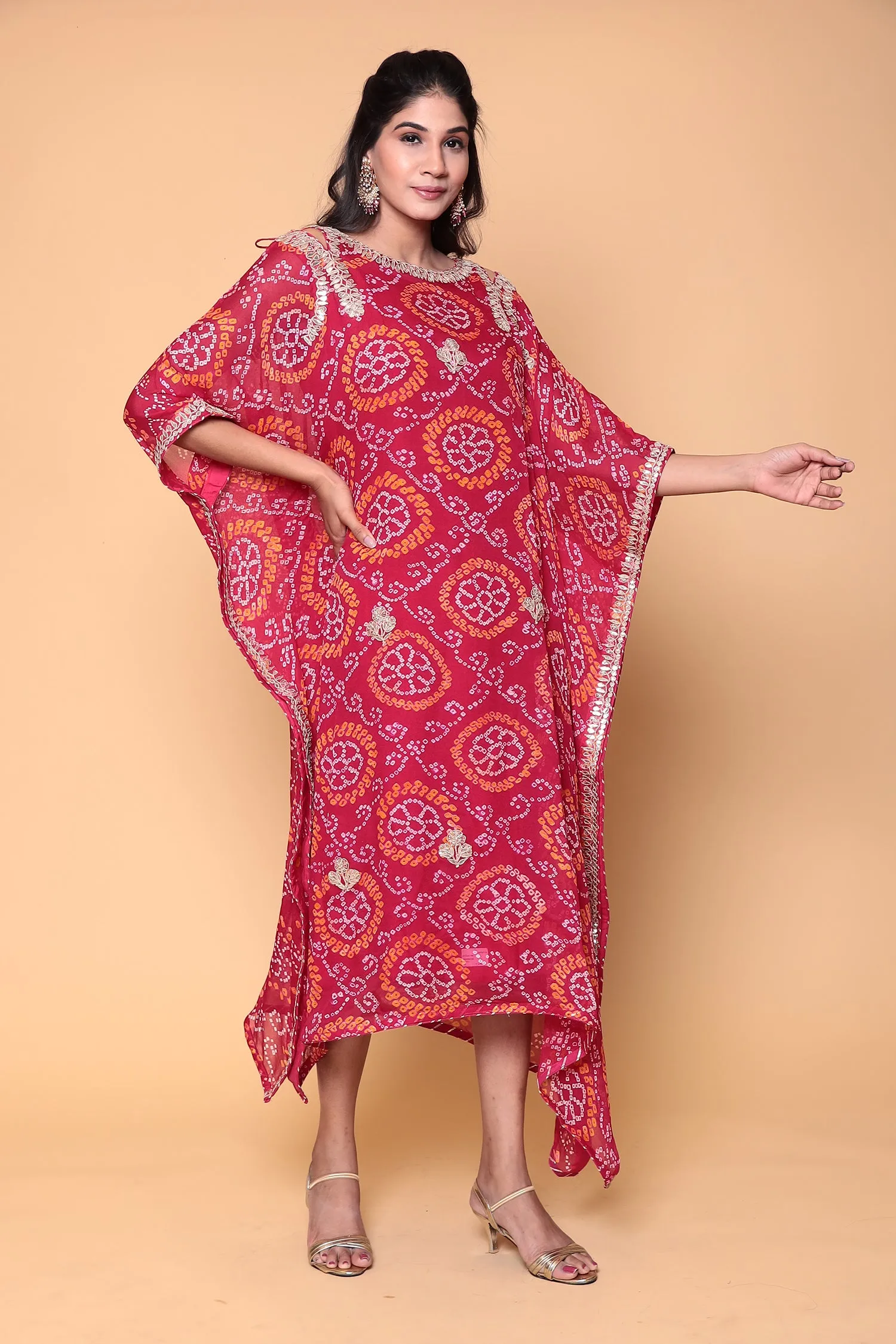 Bandhej Georgette Kaftan with Gota Patti work.