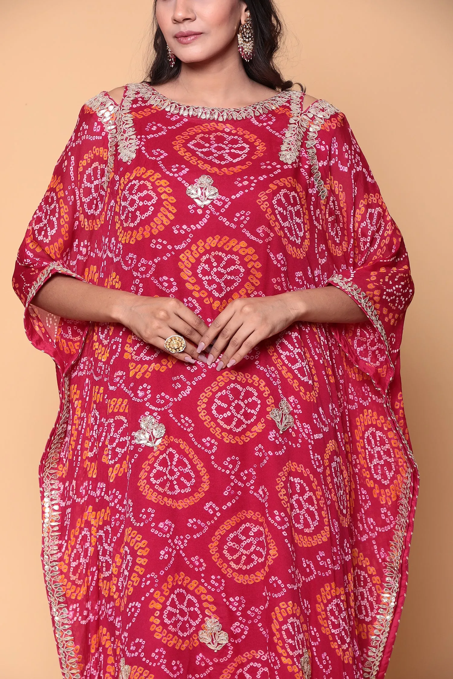 Bandhej Georgette Kaftan with Gota Patti work.