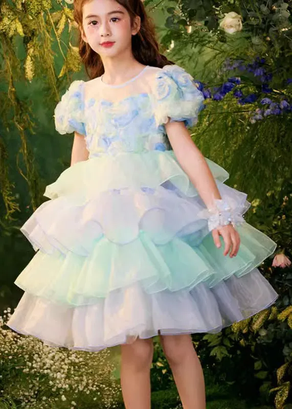 Beautiful Colorblock O-Neck Tulle Patchwork Girls Mid Dress Summer XZ045