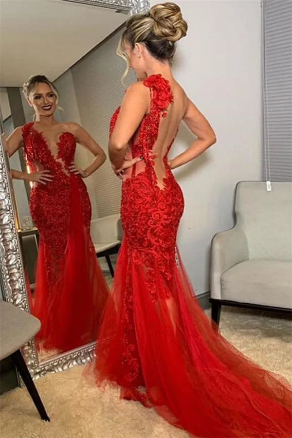 Beautiful Long Mermaid One Shoulder Lace Red Backless Prom Dress