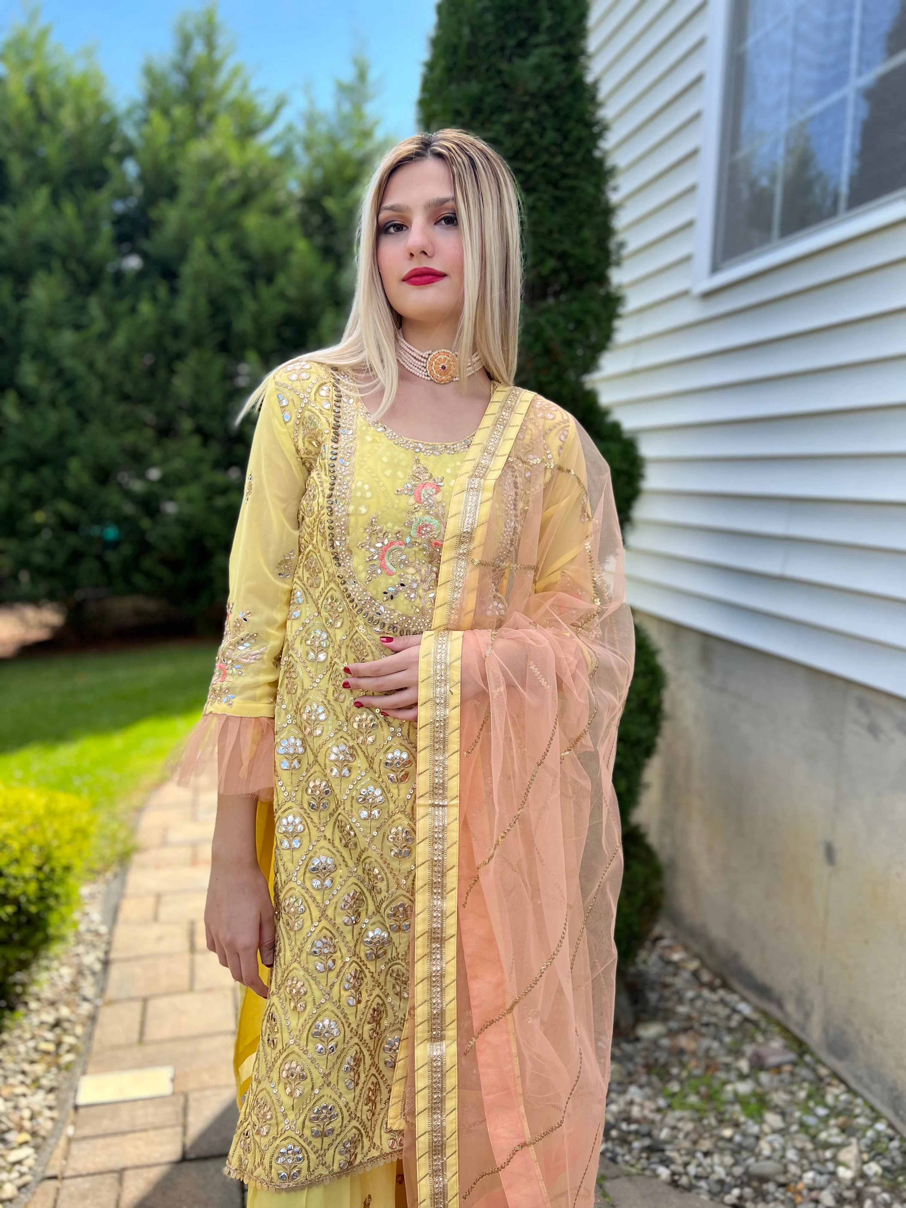 Beautifully designed Yellow top with matching Sharara - Rent