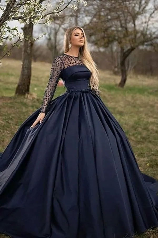 Black Long A-line Bateau Satin Prom Dress with Sleeves