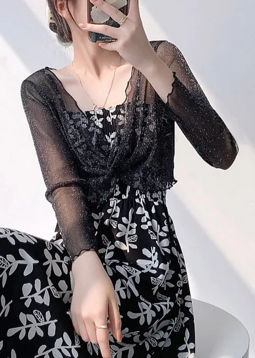 Black Ruffled Thin Tulle Top V Neck Summer AS1036