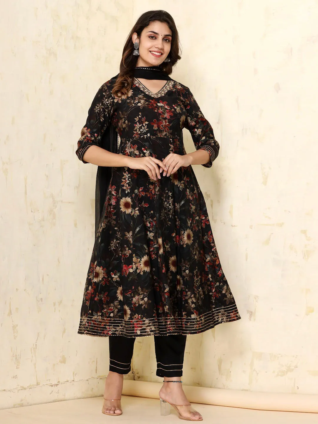 Black Stitched Suit With Chiffon Dupatta