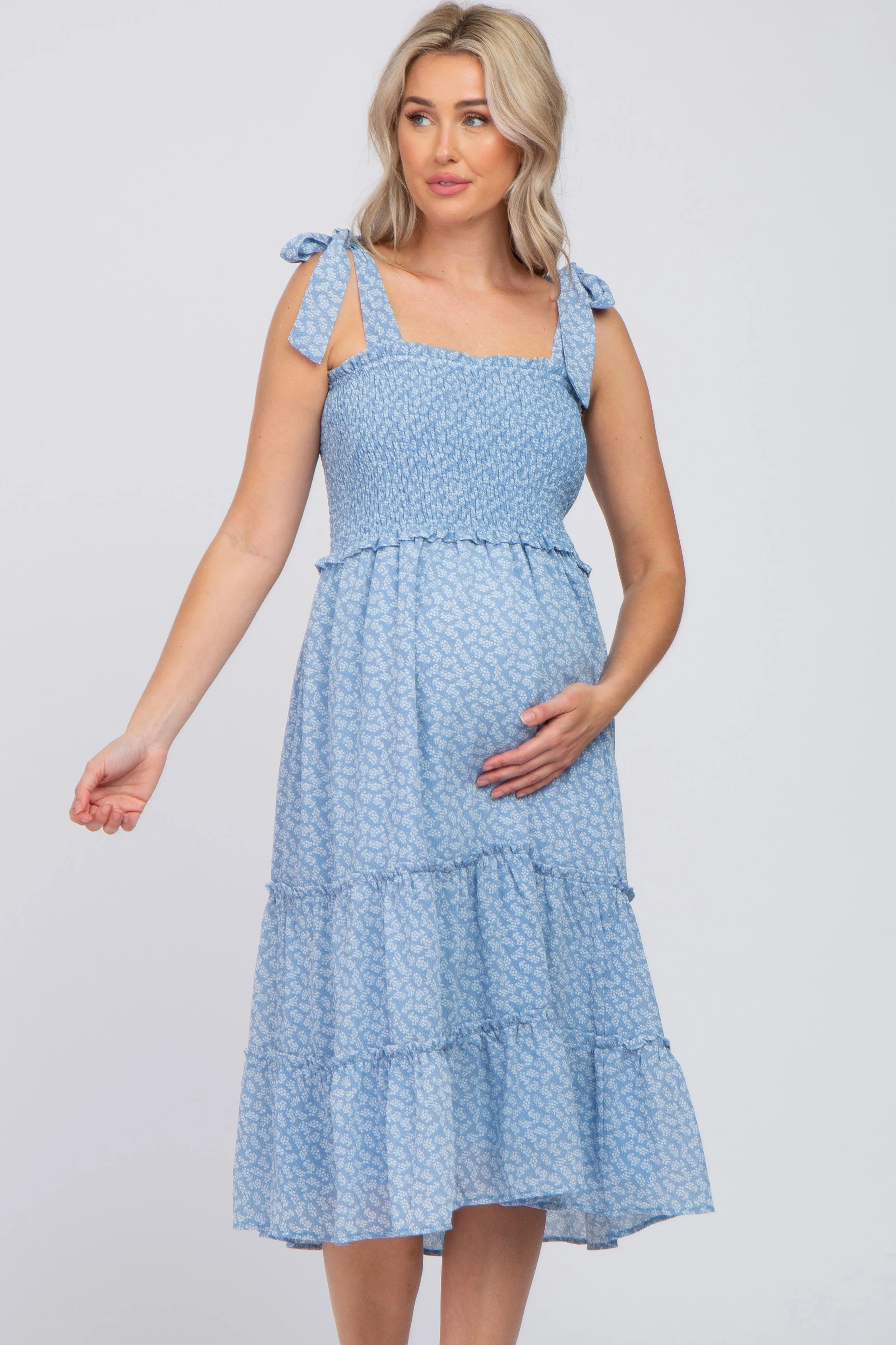 Blue Floral Sleeveless Smocked Tiered Maternity Midi Dress