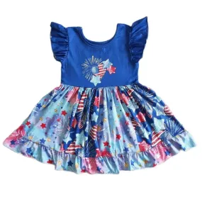 Blue Flutter Sleeve Fireworks Patchwork 4th of July Dress