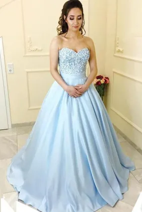 Blue Satin A-Line Princess Sweetheart Neck Strapless Lace up Long Sleeveless Prom Dresses